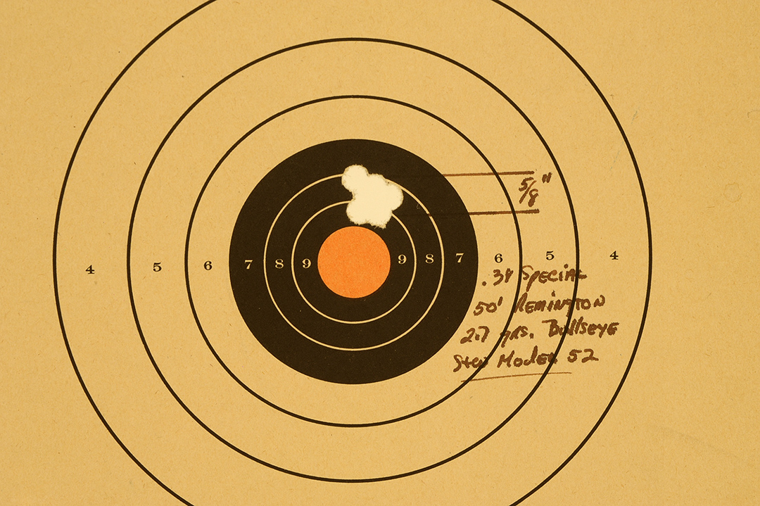 With the Model 52 in a Ransom Rest, this is the result of knowing how the gun will shoot without depending upon the shooter to prove its worth. This is with the time-tested loading of 2.7 grains of Bullseye with a 5-shot group at 50 feet.